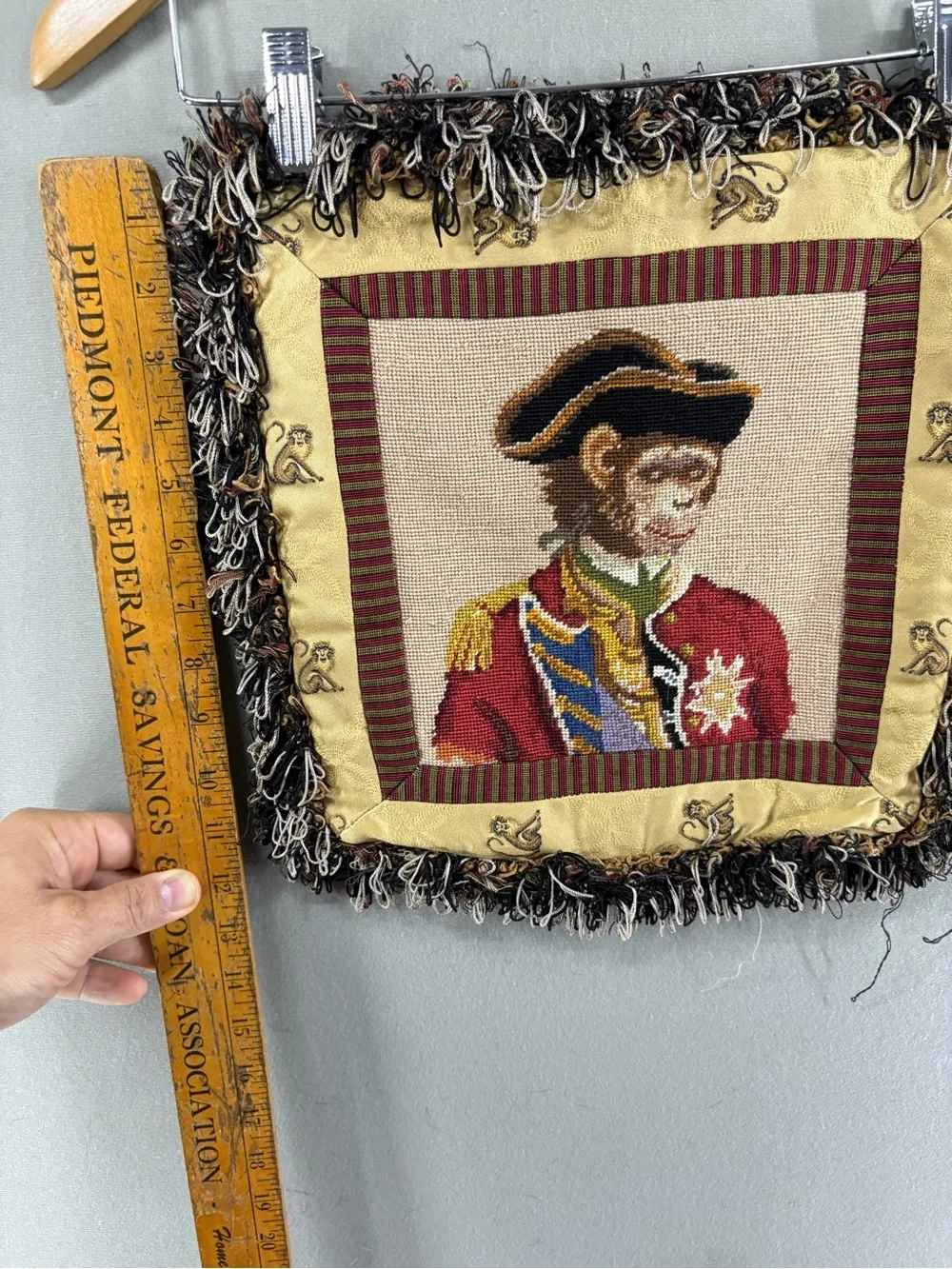 Vtg Needlepoint  Regal Ralph Monkey Pillow 12' Fun Fringe Pillow Cover